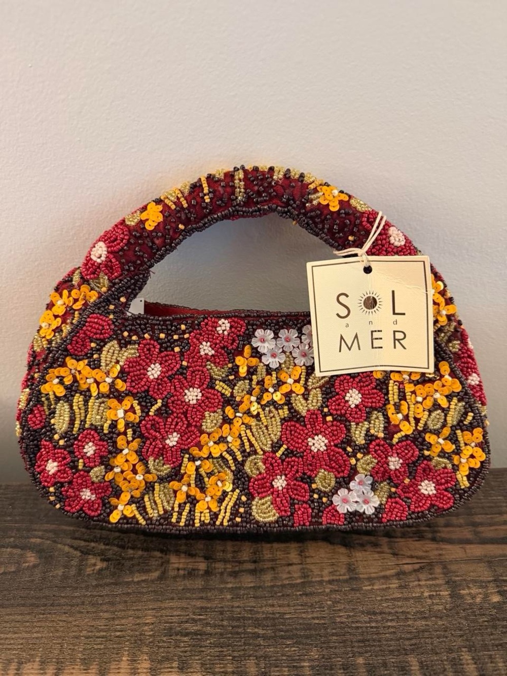 Burgundy Floral Beaded Mini Bag